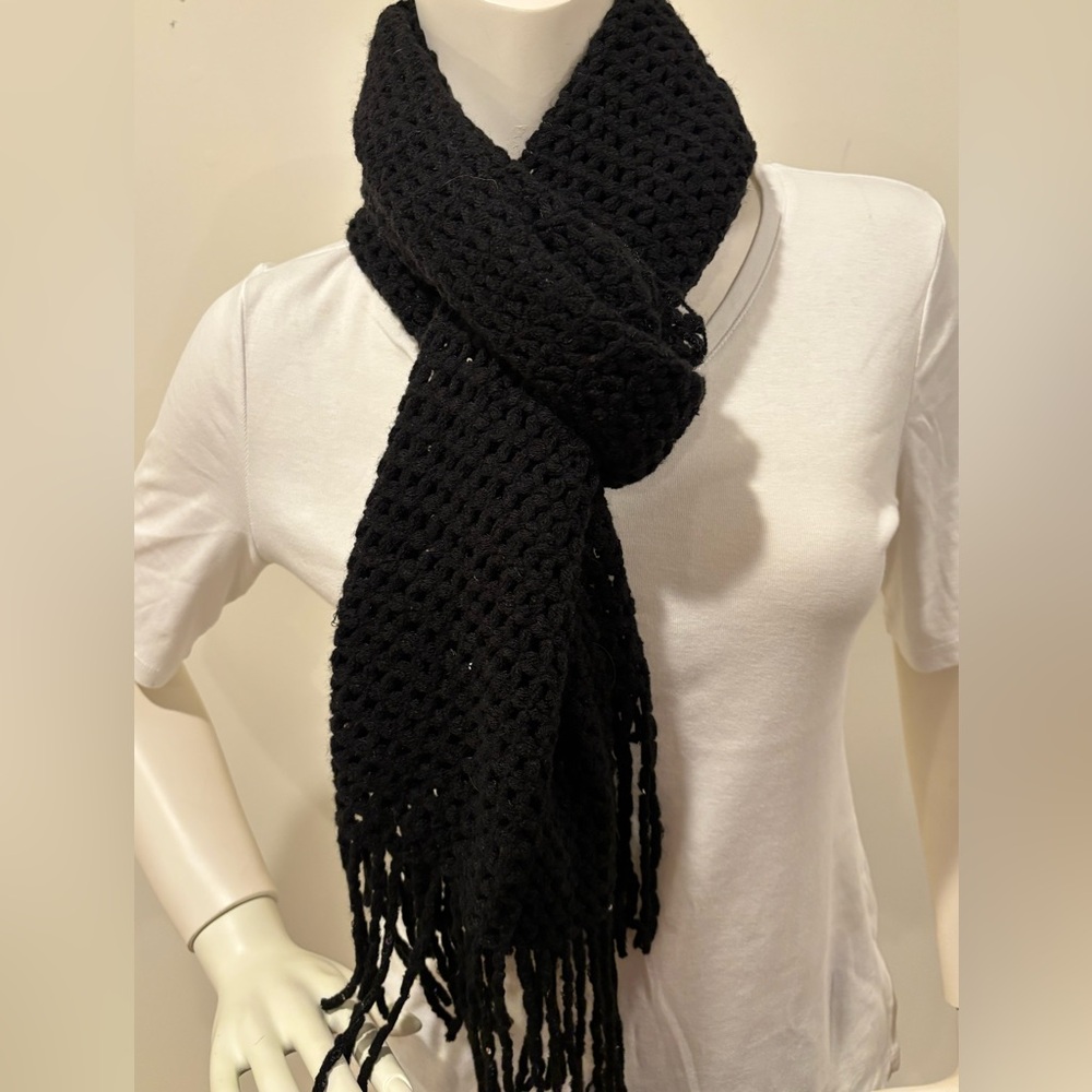 2 Chic Black Crochet Sequin Thin Knit Fringe Scarf
